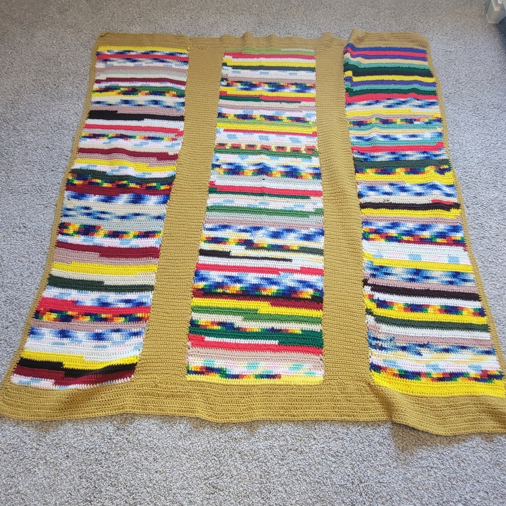 Vintage Handmade Crochet Blanket Mustard Striped Boho Cozy Cottage‎ Southwest